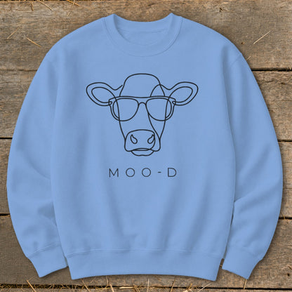 Light blue sweatshirt with a line drawing of a cow wearing sunglasses and the text "MOO-D".