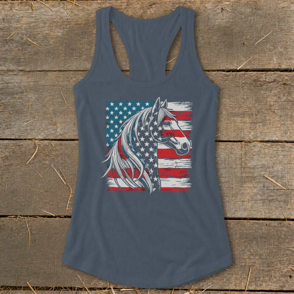 Horse head graphic with distressed American flag on a dark blue tank top.