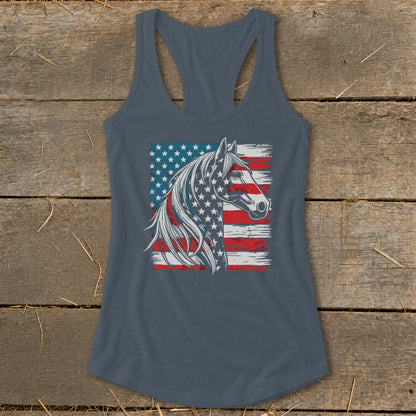 Horse head graphic with distressed American flag on a dark blue tank top.