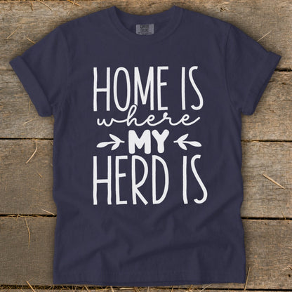 Navy t-shirt with white text: "HOME IS where MY HERD IS"