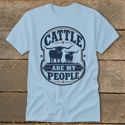Light blue t-shirt with "Cattle Are My People" text and two longhorn cattle silhouettes.