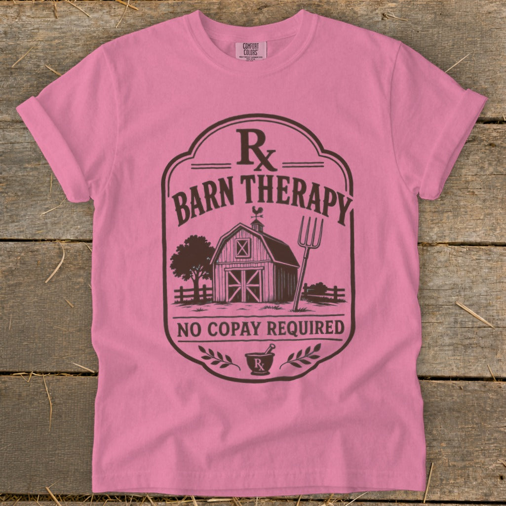 Pink t-shirt with "Barn Therapy No Copay Required" graphic featuring a barn and pitchfork.