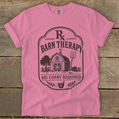 Pink t-shirt with "Barn Therapy No Copay Required" graphic featuring a barn and pitchfork.