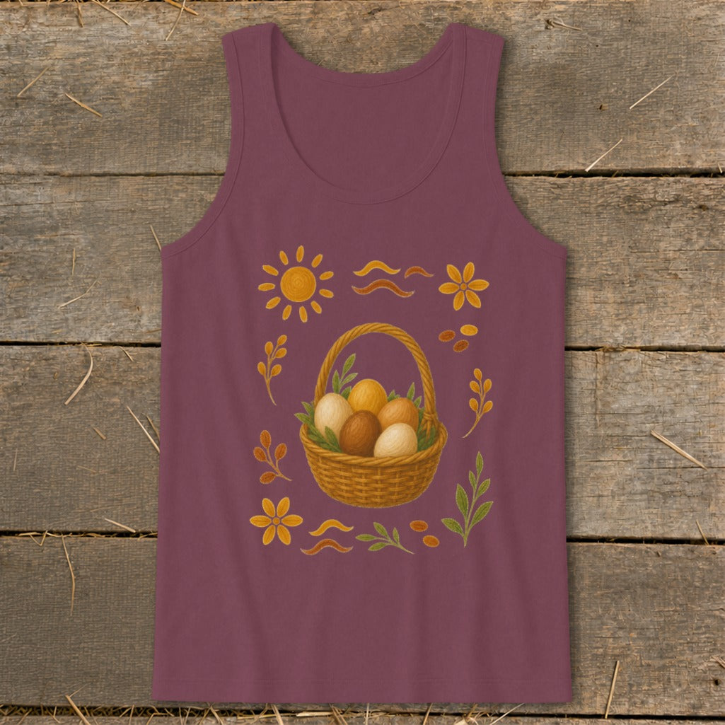 Maroon tank top with a wicker basket of eggs and surrounding spring motifs.