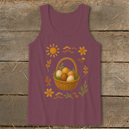 Maroon tank top with a wicker basket of eggs and surrounding spring motifs.