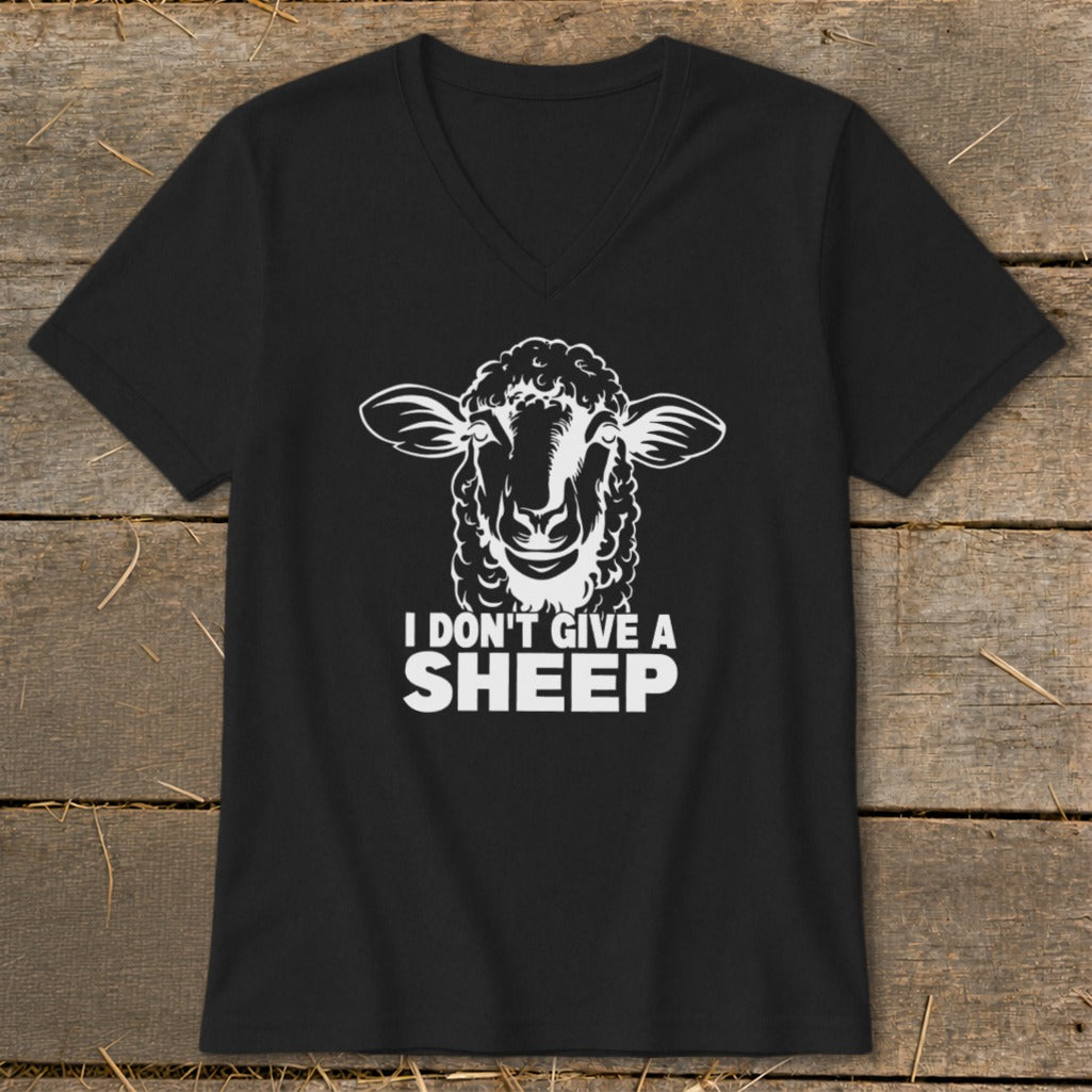 Black v-neck t-shirt with a white graphic of a sheep and the text "I DON'T GIVE A SHEEP."