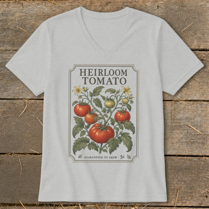 Grey t-shirt with an "Heirloom Tomato" graphic of a tomato plant and "Guaranteed to Grow 5¢".