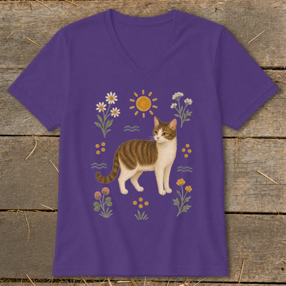 Purple t-shirt with a tabby cat illustration surrounded by flowers and a sun.