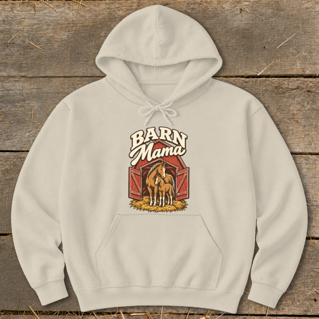 Cream hoodie with "Barn Mama" text and horses in a barn graphic.