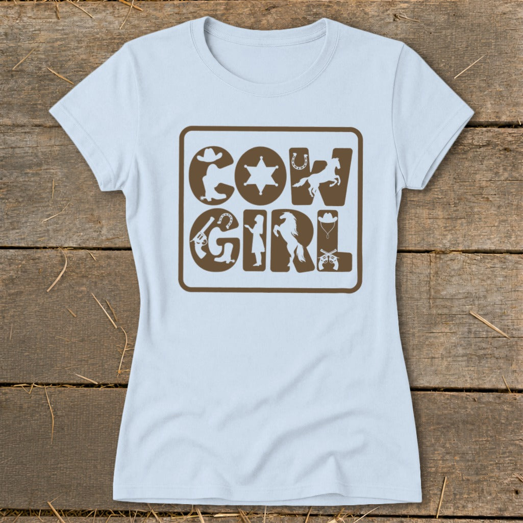 Light blue t-shirt with brown "Cow Girl" text and Western graphic elements.