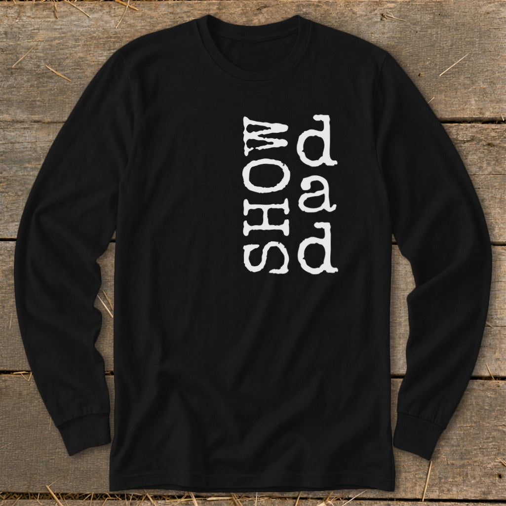 Black long-sleeve shirt with white text "SHOW" and "dad" vertically.