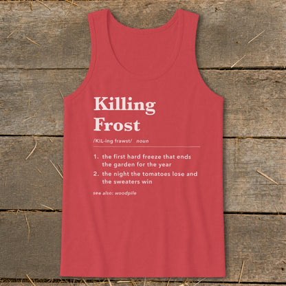 Red tank top featuring white dictionary definition text for Killing Frost on a rustic wooden background.