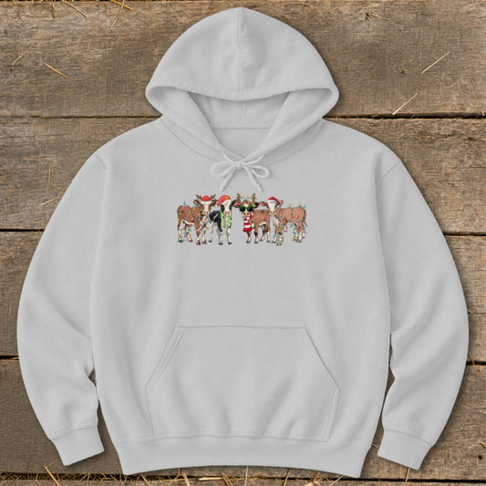Gray hoodie with Christmas cows wearing Santa hats and lights.