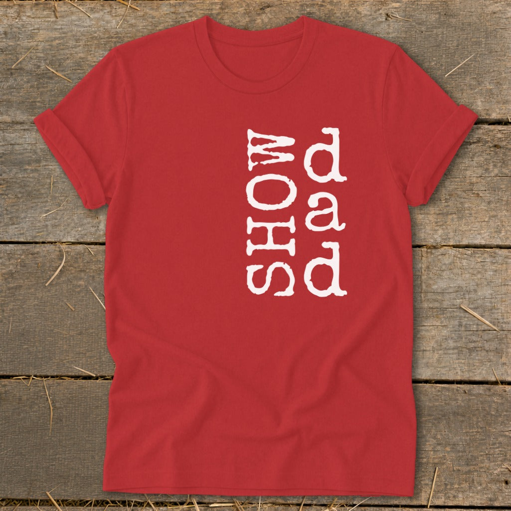 Red t-shirt with white text that reads "SHOW dad" vertically.