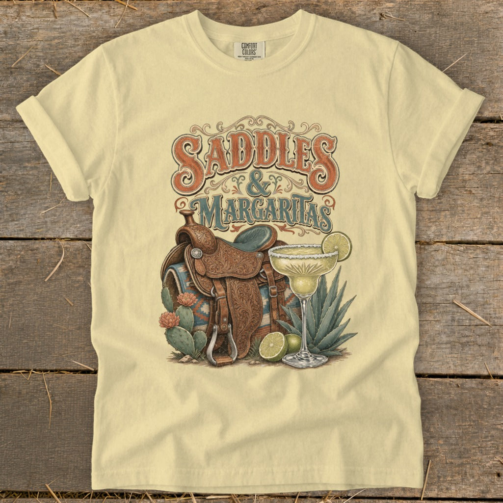 "SADDLES & MARGARITAS" text graphic with western saddle, margarita, cactus, and agave plants.