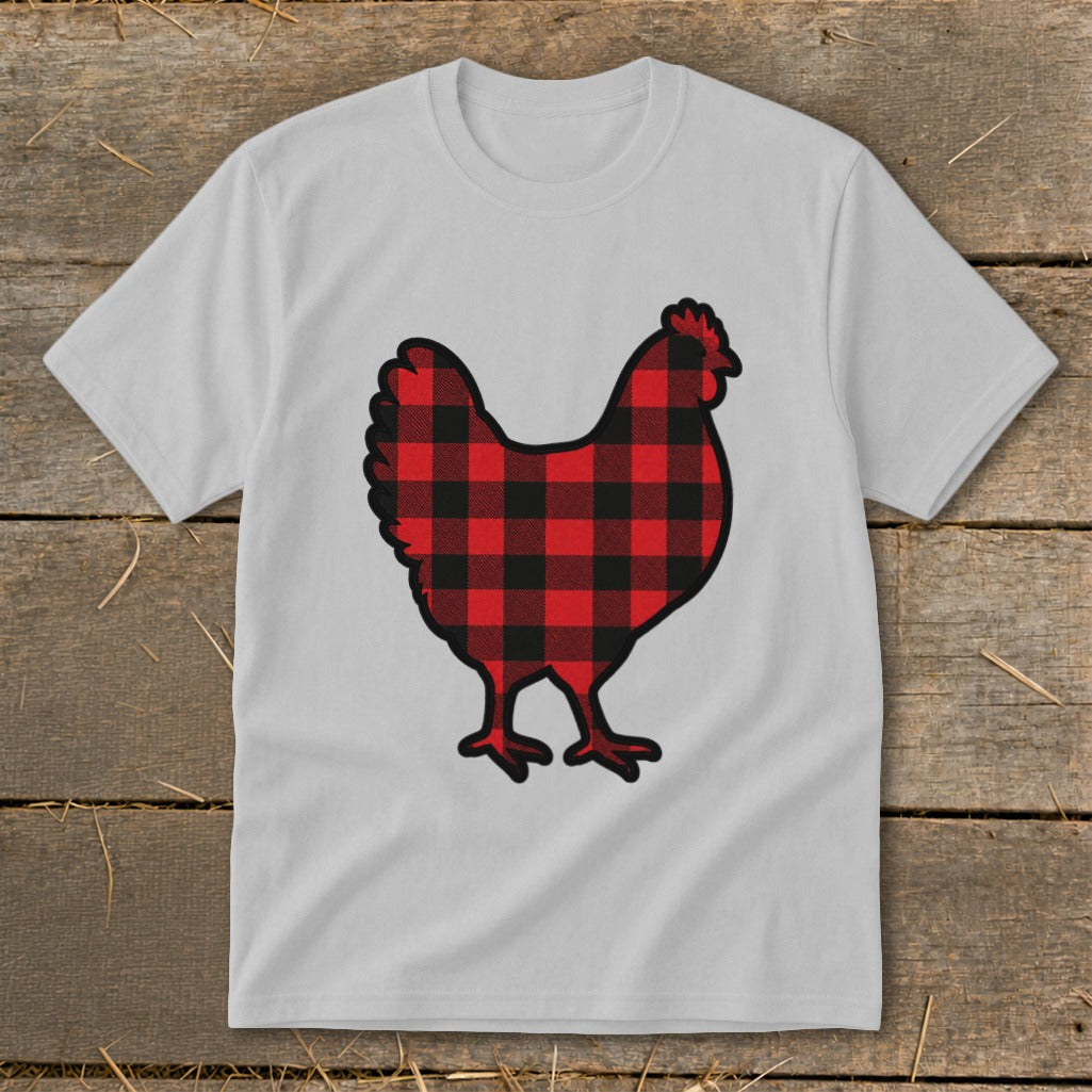 White t-shirt with a red and black buffalo plaid chicken graphic.