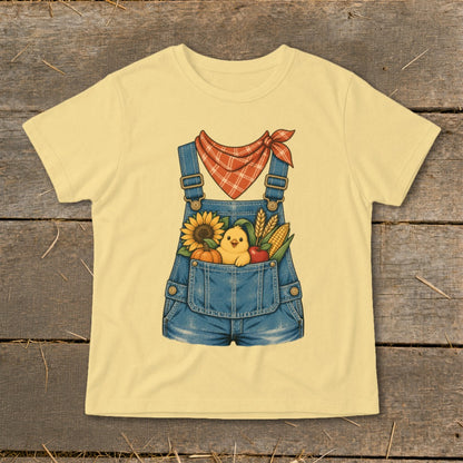 Yellow t-shirt with cartoon overalls featuring a chick and fall harvest items.