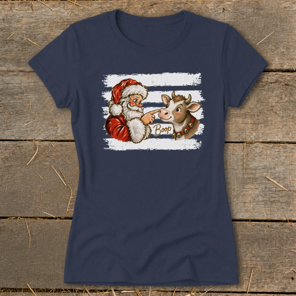 Santa booping a cow's nose with the word "Boop" on a navy t-shirt.