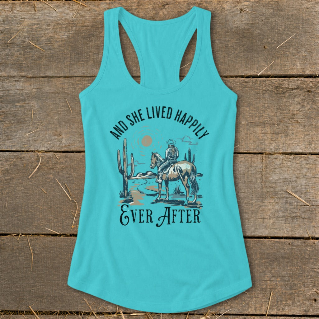 Turquoise tank top with desert scene and text "AND SHE LIVED HAPPILY EVER AFTER".
