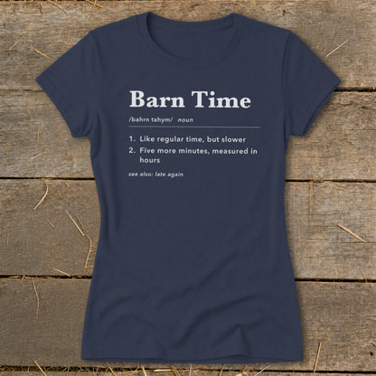 Navy t-shirt with "Barn Time" definition text printed on the front.