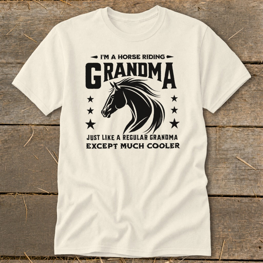 Cream t-shirt with "I'm a Horse Riding Grandma" text and horse silhouette.
