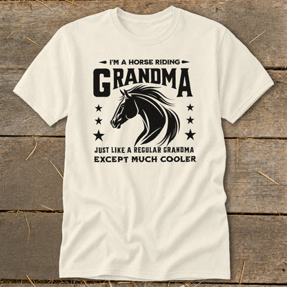 Cream t-shirt with "I'm a Horse Riding Grandma" text and horse silhouette.