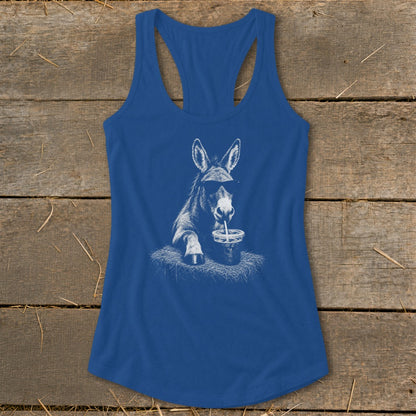 Blue tank top with a white graphic of a donkey wearing sunglasses drinking from a cup.