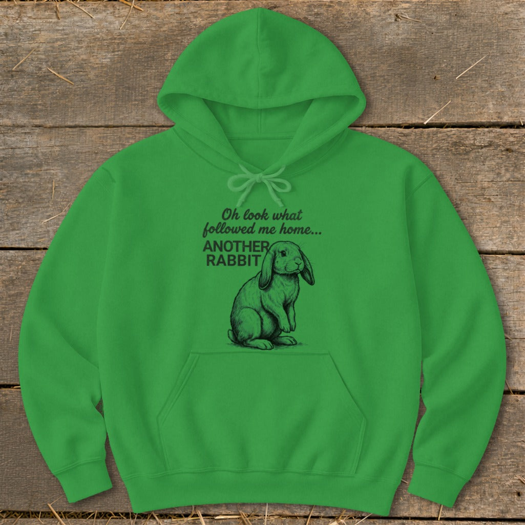 Green hoodie with text "Oh look what followed me home... ANOTHER RABBIT" and a rabbit illustration.