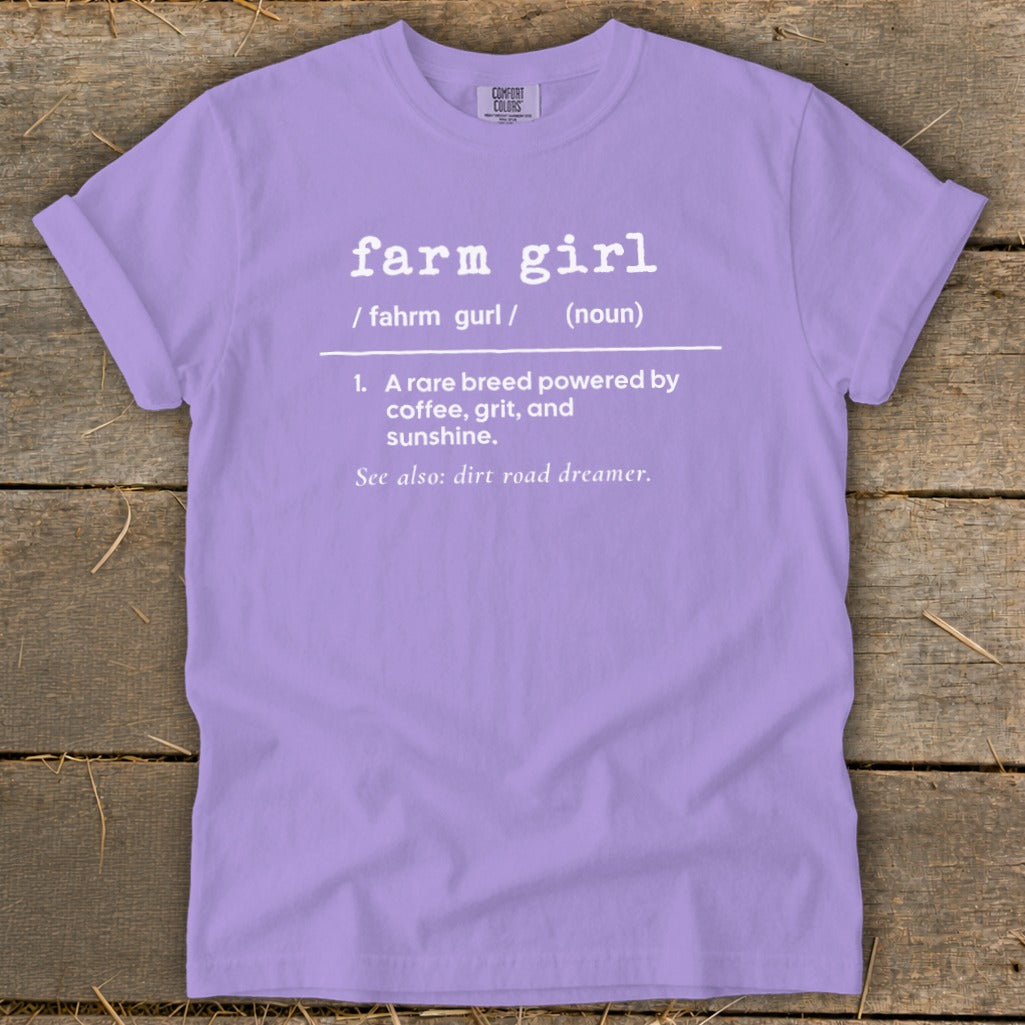 Lavender t-shirt with "farm girl" definition printed in white text.