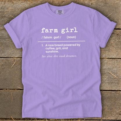 Lavender t-shirt with "farm girl" definition printed in white text.