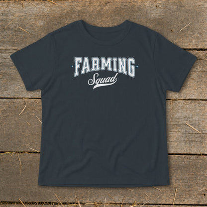 Dark grey t-shirt with "FARMING Squad" text in white collegiate style lettering.