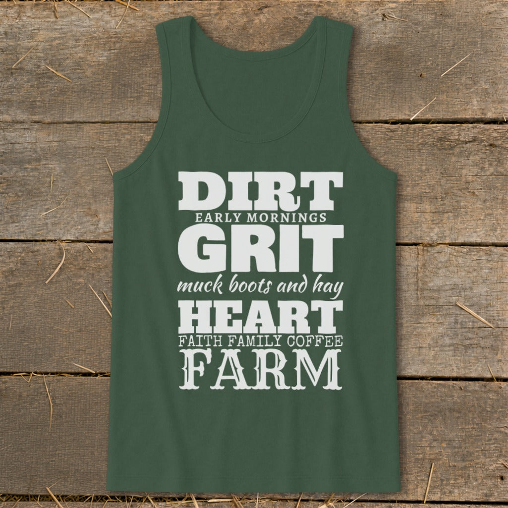 Green tank top with white text: DIRT, GRIT, HEART, FARM.