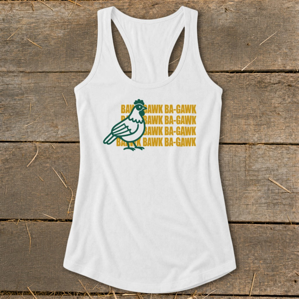 White tank top with green chicken graphic and "Bawk Ba-Gawk" text.