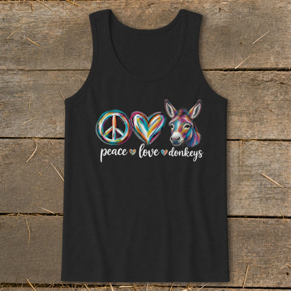 Black tank top with peace, heart, and donkey graphic; text reads "peace love donkeys."