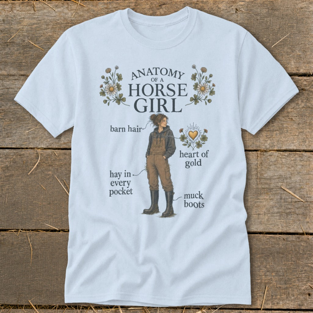 Light blue t-shirt with "Anatomy of a Horse Girl" text and illustration of a girl.
