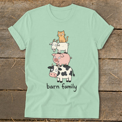 Light green t-shirt with stacked farm animals and "barn family" text.