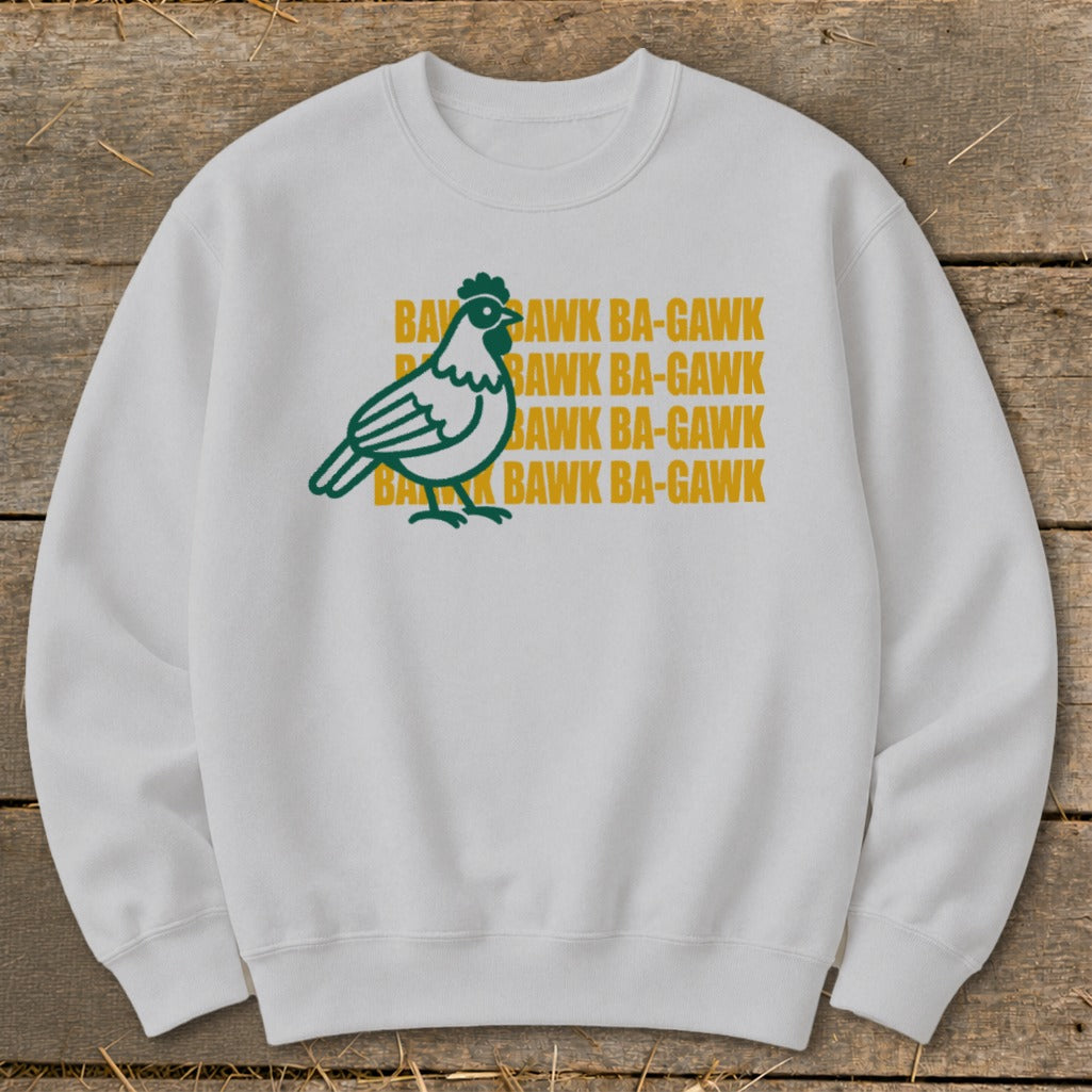 White sweatshirt with a green chicken graphic and "Bawk Ba-Gawk" text.