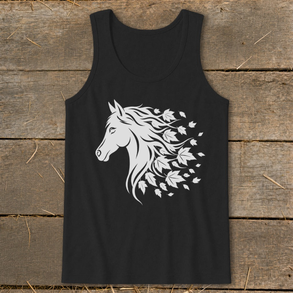 Black tank top with a white graphic of a horse's head and mane made of leaves.
