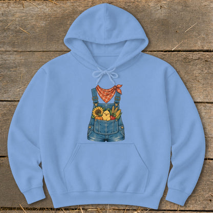 Light blue hoodie with a denim overall graphic featuring a chick, sunflower, and corn.