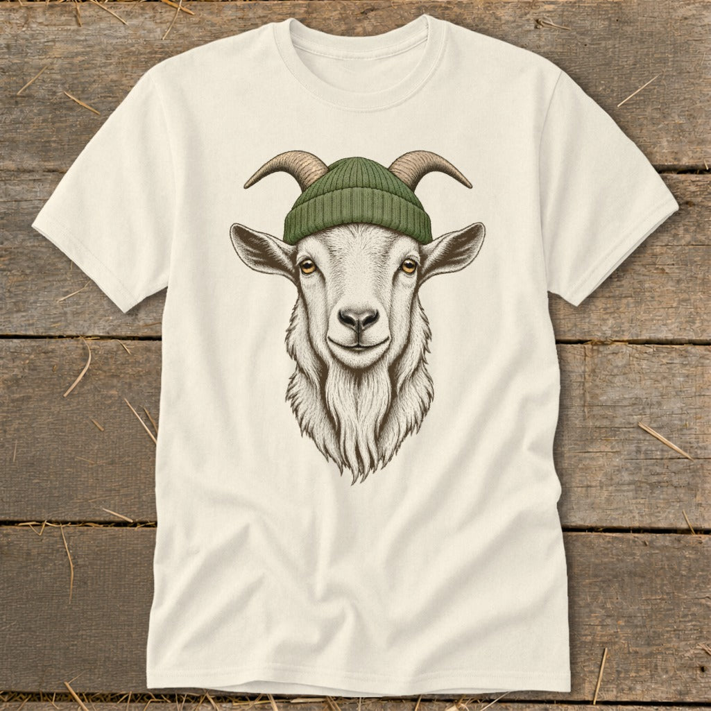 Cream t-shirt with a sketch of a goat wearing a green beanie.