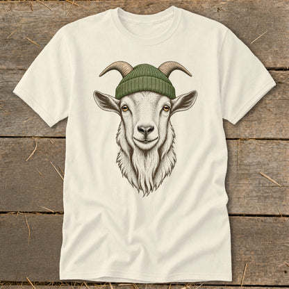Cream t-shirt with a sketch of a goat wearing a green beanie.