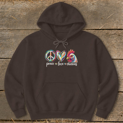 Brown hoodie with peace, heart, and chicken graphic and text.