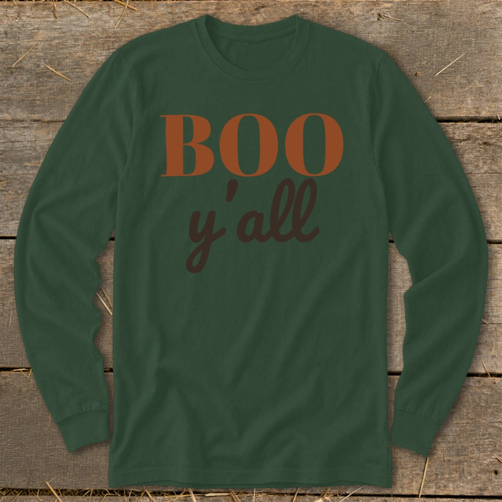 Dark green long-sleeved shirt with "BOO y'all" text in orange and brown.