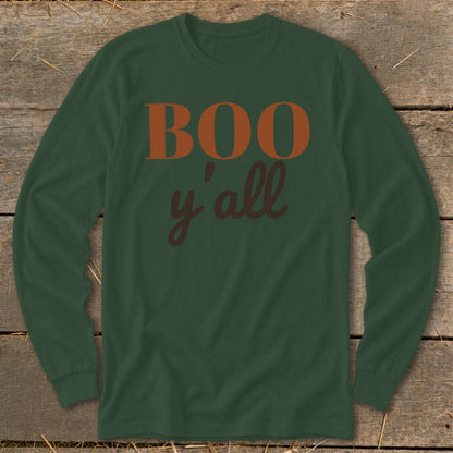 Dark green long-sleeved shirt with "BOO y'all" text in orange and brown.