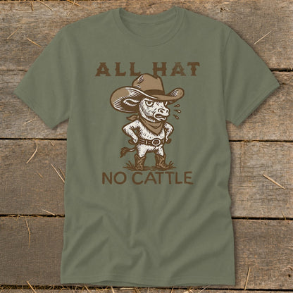 T-shirt graphic with text "ALL HAT NO CATTLE" and a cartoon bull in a cowboy hat.