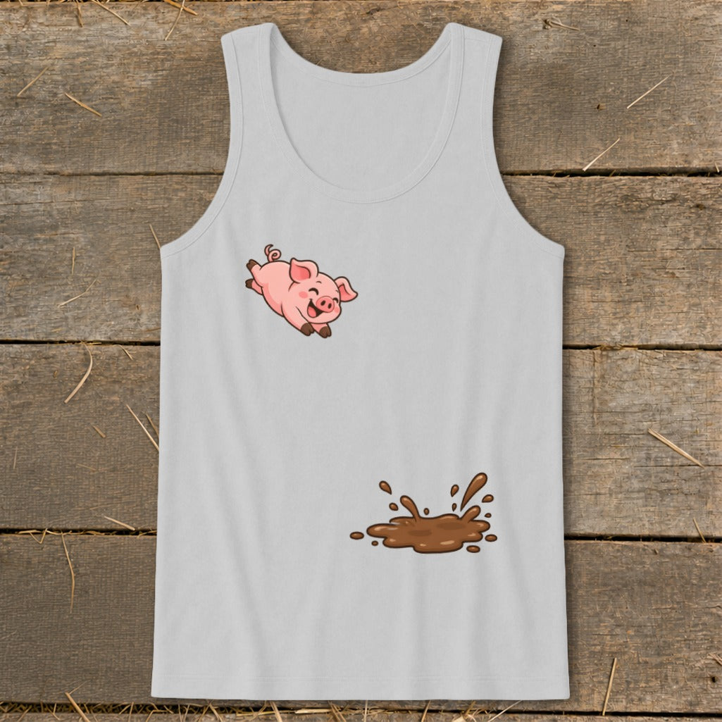 Light gray tank top with a happy cartoon pig flying over a mud puddle.