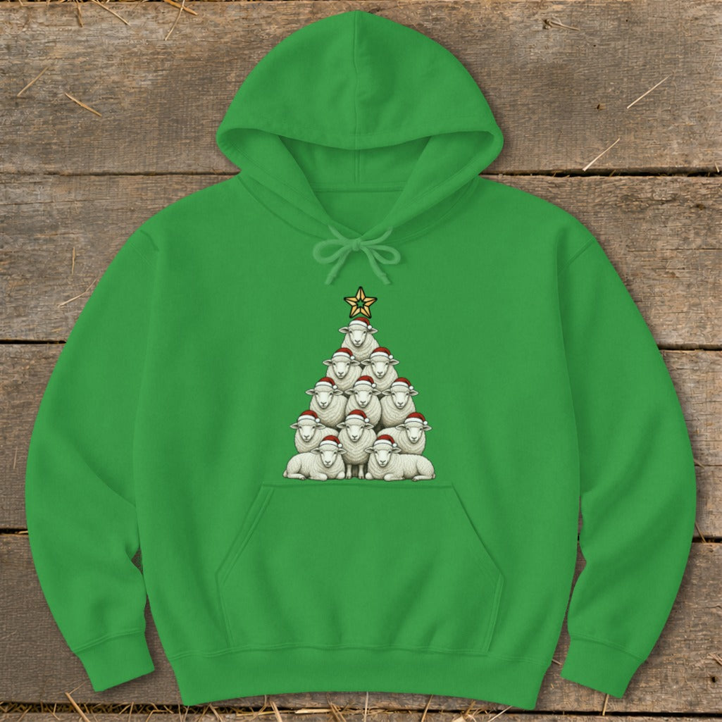 Green hoodie with a Christmas tree made of sheep wearing Santa hats.