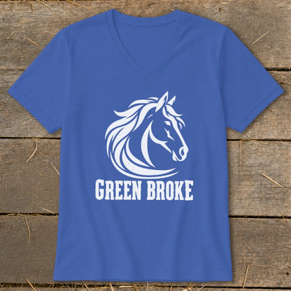 Blue V-neck t-shirt featuring a white horse head graphic above the text GREEN BROKE on a wooden background.