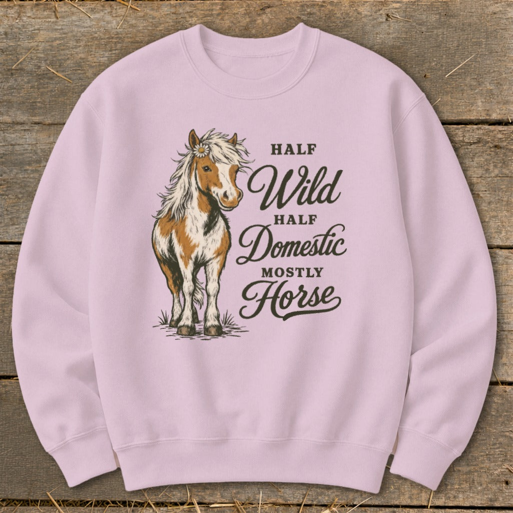 Pink sweatshirt with graphic of a horse and text "Half Wild, Half Domestic, Mostly Horse".