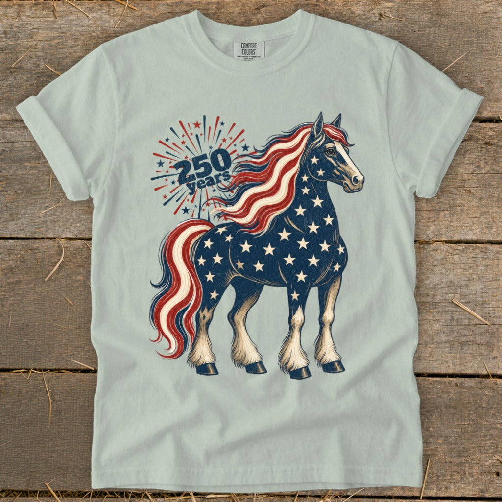 Horse with American flag mane and tail, "250 years" text.